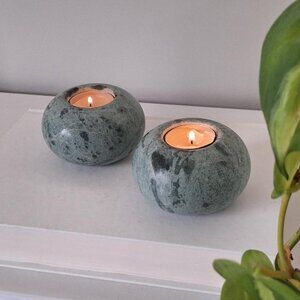 Vintage Turquoise Marble Votive Candle Holder Set Stone Ring Trinket Dish green